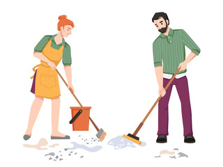 Housework, couple sweeping, cleaning in room, woman sweeps and man mops the floor isolated. Vector husband and wife doing housework household chores together, cleaning room in apartment