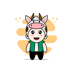Cute men character wearing cow costume.