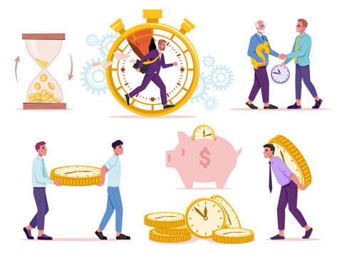 Set of time and money concept. Vector sandglass with golden coins, man running in stopwatch, old and young people exchanging resources, watch in shape of coins, piggy bank and dollar sign