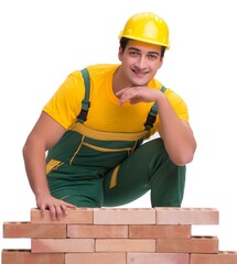 The handsome construction worker building brick wall