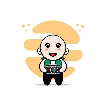 Cute men character holding a camera.