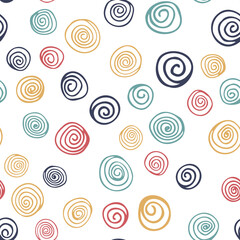 Vector seamless pattern with multicolored spiral, curl elements. Abstract cute pattern on white background