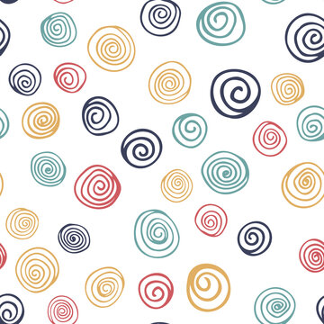 Vector seamless pattern with multicolored spiral, curl elements. Abstract cute pattern on white background