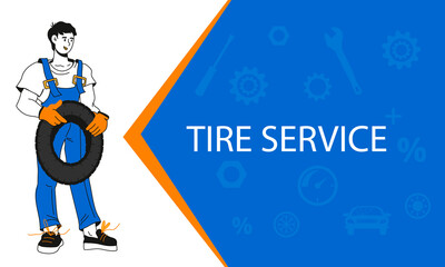 Fototapeta na wymiar Tire service and Car repair banner with cartoon character of mechanic in workshop. Cartoon style banner or leaflet for car maintenance service and tire workshop, hand drawn vector illustration.