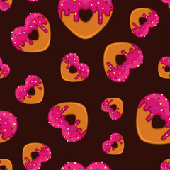 seamless print, chocolate background, a doughnut in the shape of a heart, pink glaze