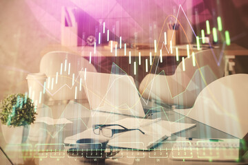 Double exposure of stock market graph drawing and office interior background. Concept of financial analysis.