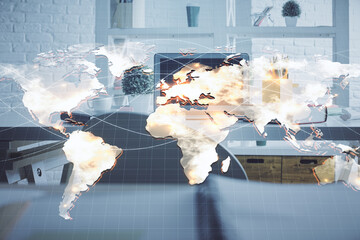 Double exposure of business theme drawing and office interior background. Concept of success