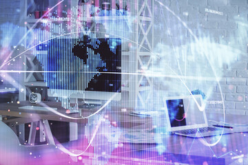 Double exposure of business theme drawing and office interior background. Concept of success