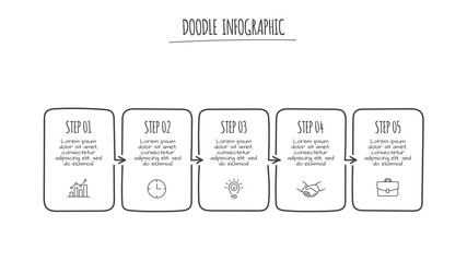 Fototapeta na wymiar Doodle infographic elements with 5 options. Hand drawn icons. Thin line illustration