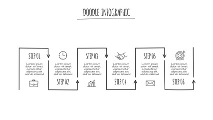Doodle infographic elements with 6 options. Hand drawn icons. Thin line illustration