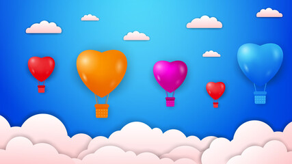 Fototapeta na wymiar valentines day background with colorful hot air balloon with love shape