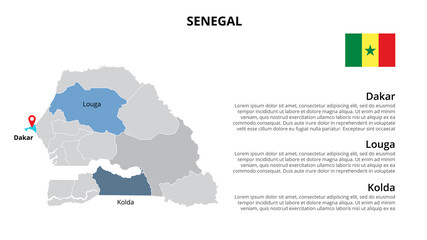 Senegal vector map infographic template divided by states, regions or provinces. Slide presentation