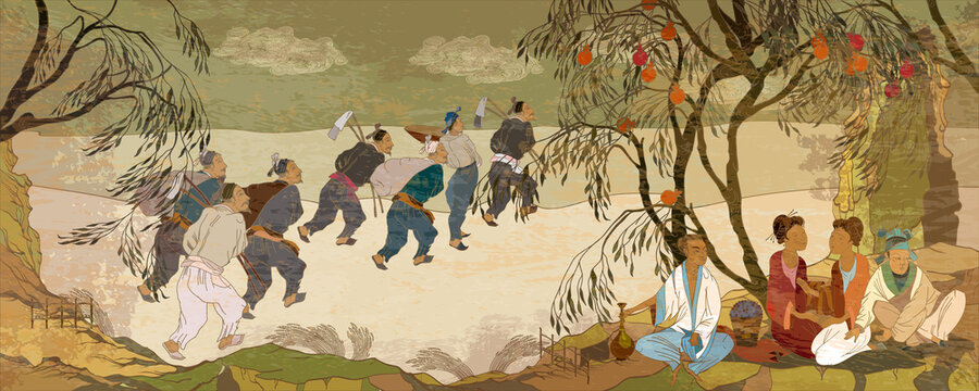 Ancient China. Tea ceremony. Traditional Chinese paintings. Tradition and culture of Asia. Farmers work in rice field. Oriental people. Classic wall drawing. Murals and watercolor asian style