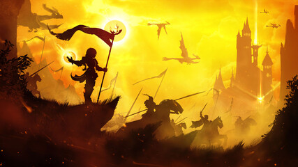 Silhouette of a little girl with a flag standing in a battle-calling pose, under her command an army of knights on horseback and dragons flying through the yellow sky. 2d illustration © warmtail