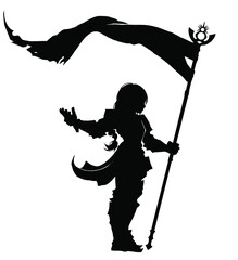 A black silhouette of a little girl standing in a battle-calling pose with a flag fluttering in the wind. 2d illustration