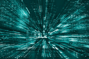 Obraz premium Hi-tech abstract green background. Cityscape of skyscrapers of Moscow City Zooming. High quality photo