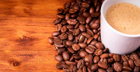Homemade cafe fresh hot espresso in steam white mug cup brew from organic sustainable coffee shop drink roasted brown bean with recycle disposable paper package with refresh aroma