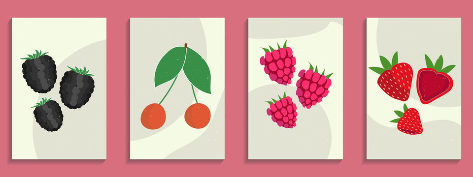 Pastel colors poster. Abstract still life. Hand drawn cherry, raspberry, blackberry, strawberry. Abstract berries for social media, postcards and all print.
