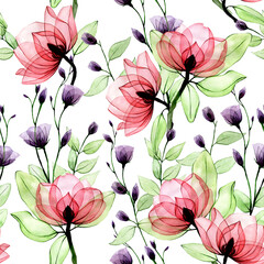 watercolor seamless pattern with transparent flowers. vintage print with pink wild roses and purple wildflowers on a white background. delicate watercolor