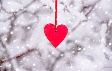 Symbol of love hangs on snow-covered spruce
