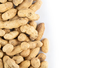 Peanut in a shell on white background. Beer snacks. Healthy food concept.