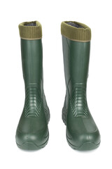 Green rubber boots with a warm toe on a white background.
