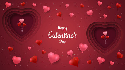 Valentines day background with papercut effect and 3d love shape