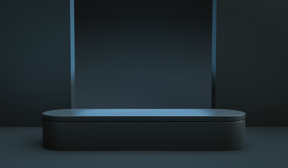 Black product display stand or podium pedestal on advertising counter background with blank backdrops. 3D rendering.