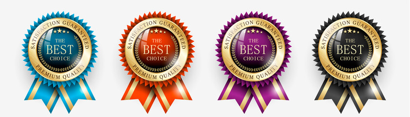 Premium quality / Best choice medals set. Realistic golden labels - badges, best choice with ribbon. Realistic icons isolated on transparent background. Vector illustration EPS10 - obrazy, fototapety, plakaty