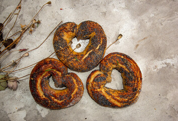 homemade pretzels with poppy seeds in the shape of hearts. valentine's day treat
