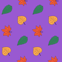Autumn style seamless pattern with different leaves. Birch, maple and oak. Yellow, green and orange colors. Fall card, print for fabric, wallpaper, textile, gift wrap and clothes. Endless design