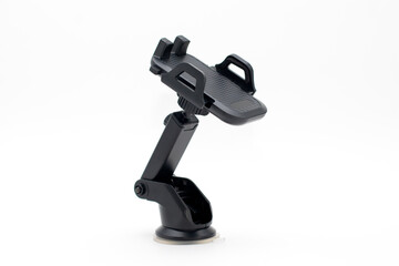 Black car holder for smartphone isolated on white background.