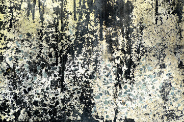 Concrete grey wall with ols cracked paint. Yellow, black and beige colors. Abstract photo background. Urban style texture. Building exterior. Cement unique and attractive textures