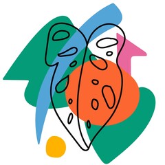 Vector simple composition of monsters and shapes in trendy colors.Abstract poster with tropical leaf and bright green,pink,orange,yellow spots.Design for social media,web,packaging,prints.