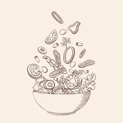 Fotobehang Fresh vegetable salad in sketch line style. Concept cooking organic healthy vegan, vegetarian, dietary, vitamin dish with farm products. Tomato, cucumber, bell pepper. Isolated vector illustration © Nadya Ustuzhantceva