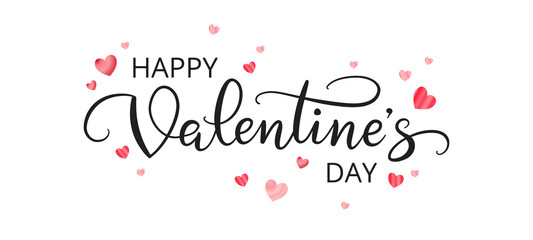 Fototapeta na wymiar Happy Valentine's day banner. Hand drawn lettering isolated on white. Valentine's day text. Decoration with hearts confetti. Vector. Great for romantic holiday greeting cards, party posters, gift tags