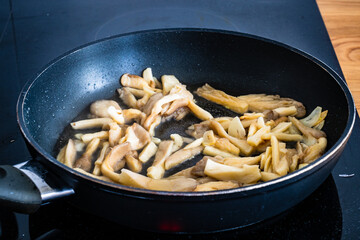 Oyster mushrooms in frying pan
