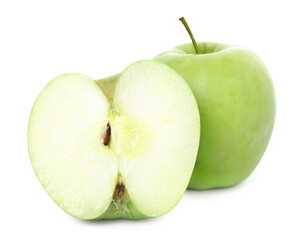 Fresh ripe cut and whole apples on white background