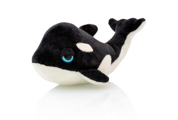 Killer whale plushie doll isolated on white background with shadow reflection. Plush stuffed orca ...