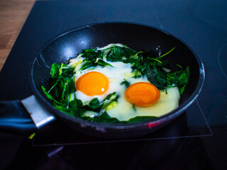 Breakfast - sunny side up eggs with spinach in frying pan