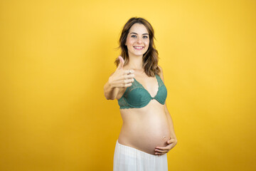 Young beautiful brunette woman pregnant expecting baby over isolated yellow background success sign doing positive gesture with hand, thumb up smiling and happy. cheerful expression and winner gesture
