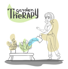 Vector line art with accent color. Lettering composition on the theme of the home garden. Logo, background, splash, wallpaper, website.