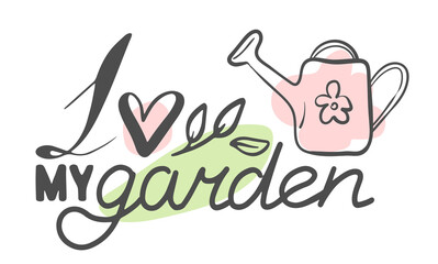 Obraz premium Vector line art with accent color. Lettering composition on the theme of the home garden. Logo, background, splash, wallpaper, website.