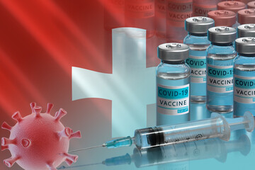 Switzerland to launch COVID-19 vaccination campaign. Coronavirus vaccine vials, Covid 19 cells and flag of Switzerland. Fighting the epidemic. Research and creation of vaccine. 3D illustration.