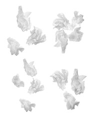 Set with used crumpled paper tissues on white background