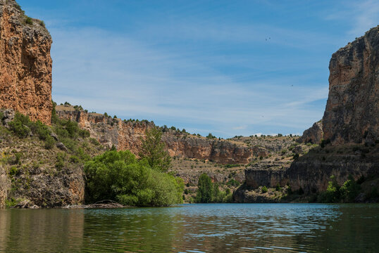 River reservoir with limestone rock canyon in Hoces del Duraton Natural Park