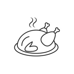 Whole chicken cooked lying on a plate linear outline empty icon vector illustration.
