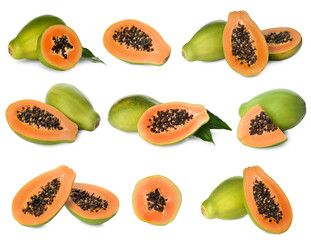 Set with fresh ripe papaya fruits on white background