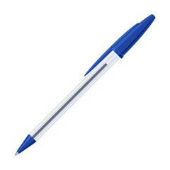 Common blue ballpoint pen in transparent plastic case with cap. Vector illustration
