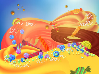 Fototapeta premium Cartoon fantasy candy land location. Sweet world background with candies, sprinkling and swirls on mesh. Vector illustration. Easy to edit.